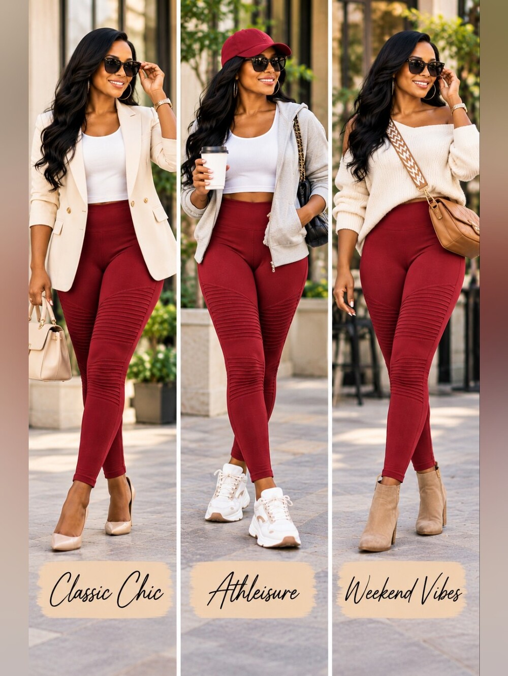 Zenana Premium DK Red High-Waist Moto Leggings | Ribbed Biker Chic